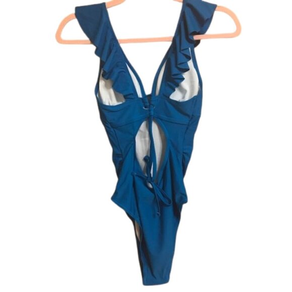 NWT CUPSHE Women's Ruffled One Piece Swimsuit V Neck Lace Up Back Royal Blue XS - Picture 7 of 14